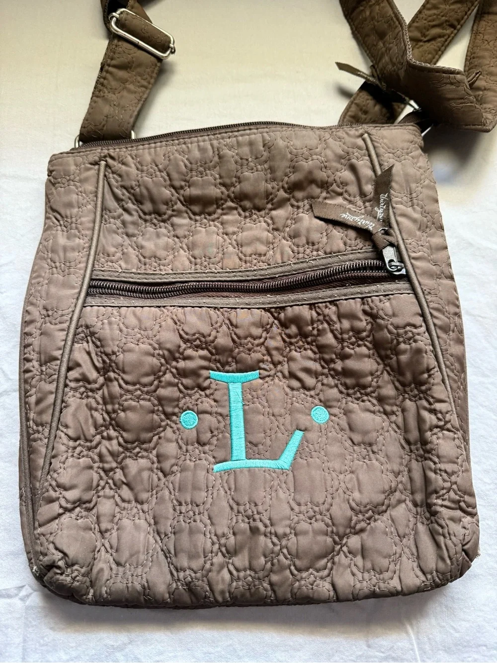 thirty-one Brown Messenger Bag with Aqua Monogram